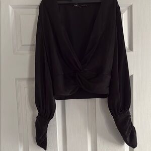 Zara Black Tie Front Long Sleeve Crop Blouse